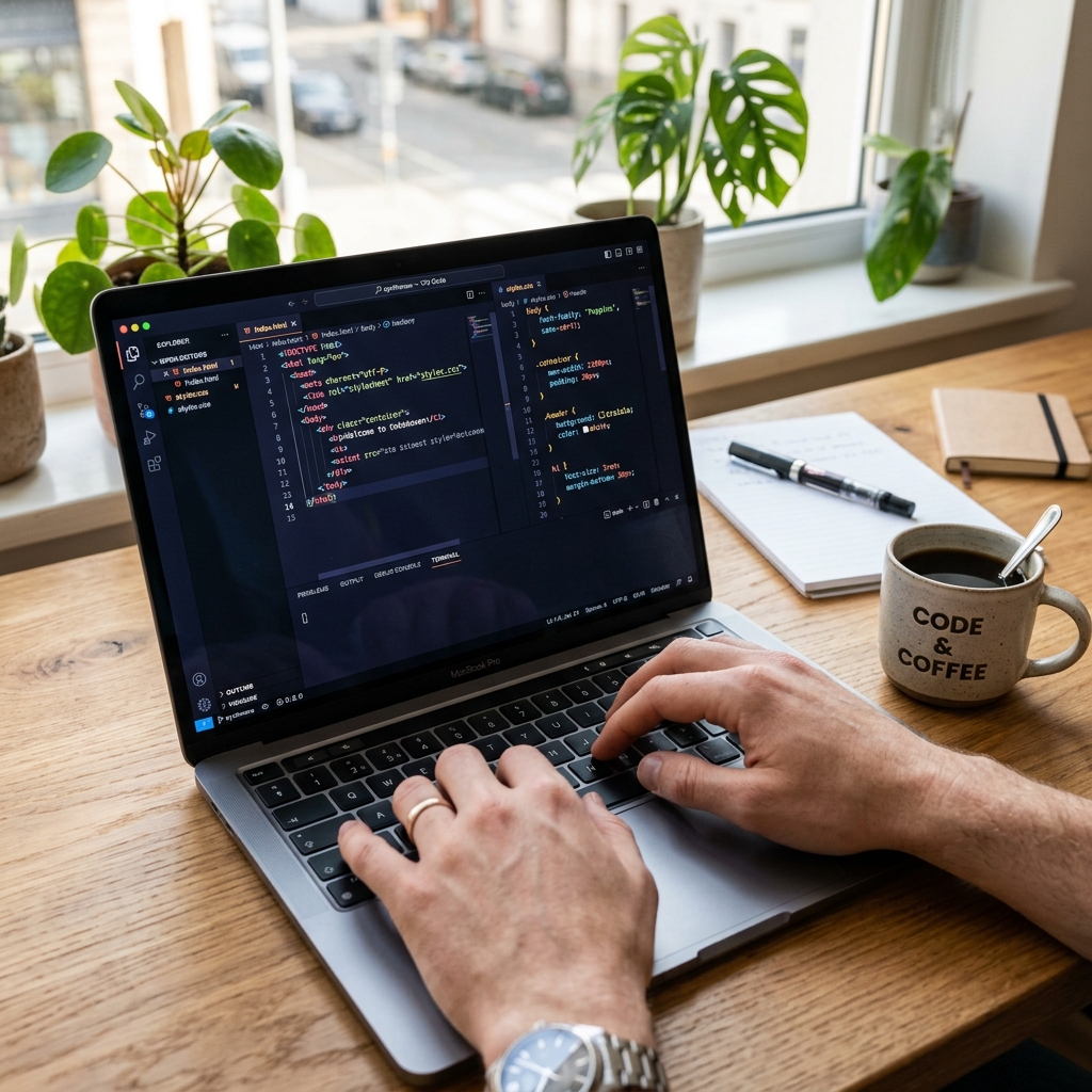 Developer hands writing HTML CSS code on a laptop screen
