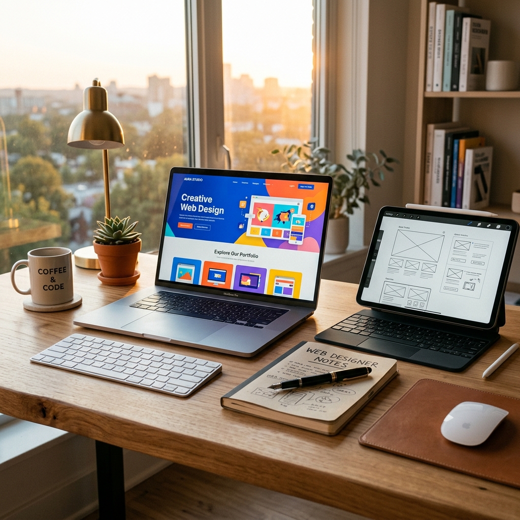 Premium modern web developer workspace and tablet sketching