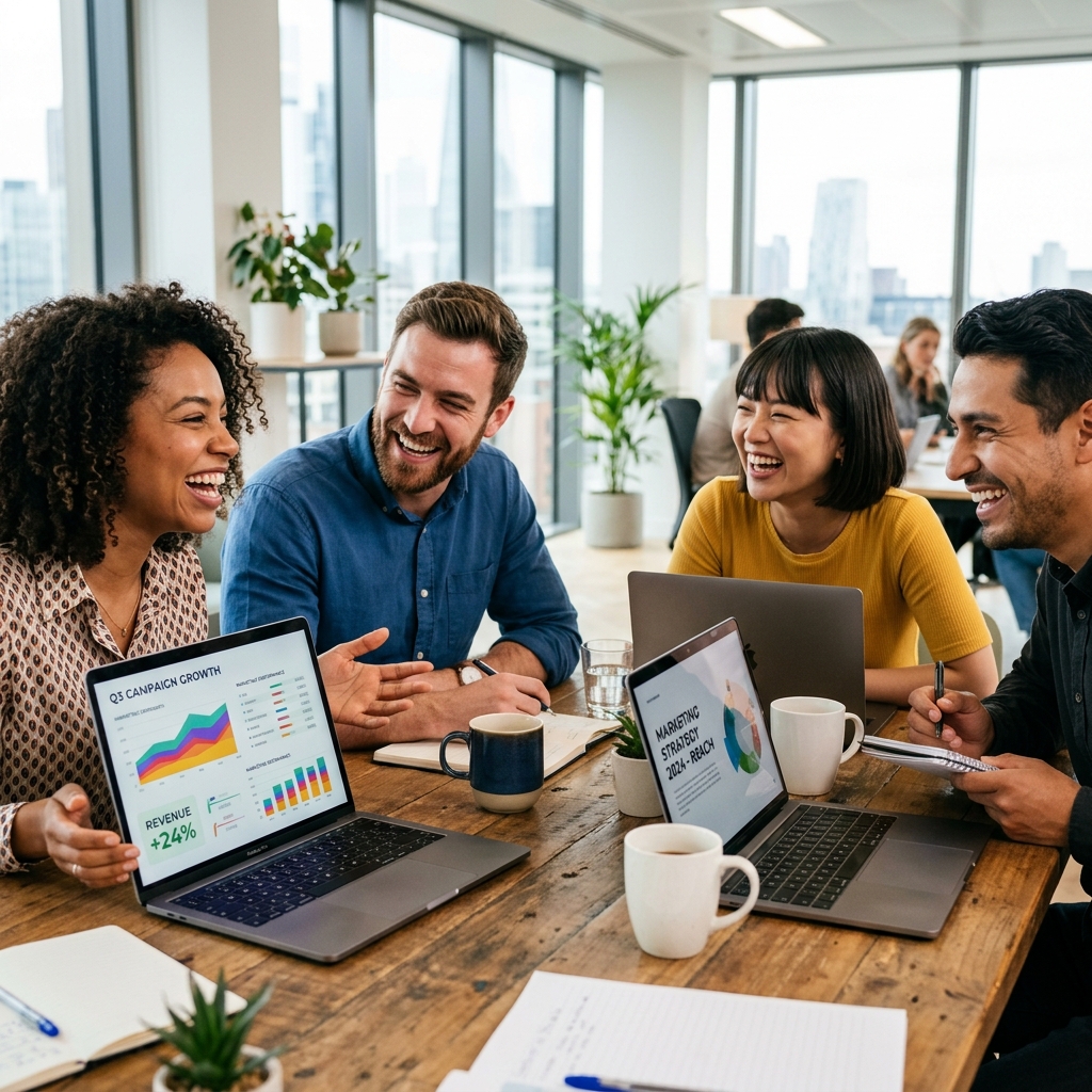 Happy creative marketing agency team collaborating in a modern office